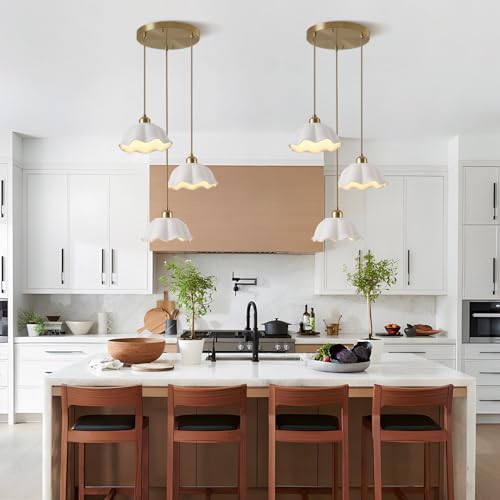 Image of 3 Light Pendant Light Minimalist Style Ceiling Hanging Lamp Retro White Wave Ceramic Lampshade Brass Finish Ceiling Light for Kitchen Island Bedroom Bedside