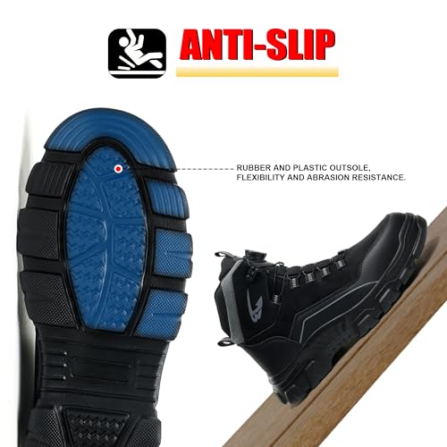 COOU Sicherheitsstiefel Herren Wasserdichte Arbeitsschuhe Damen Leicht Sicherheitsschuhe Rutschfest Drehverschluss Stahlkappenschuhe Schwarz 43/C26