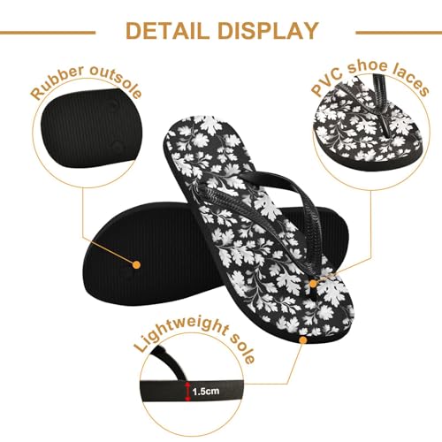 Flip Flop Sandals Black White Floral Print for Women Men Beach Outdoor XS3