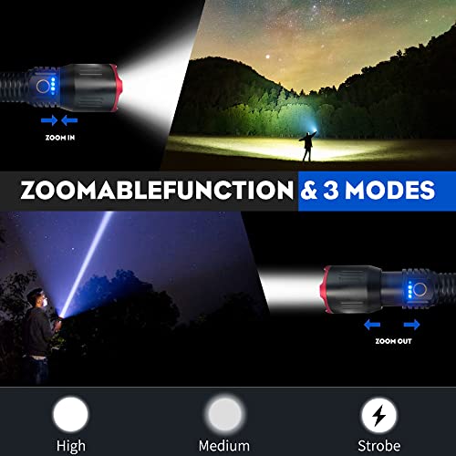 Teqdot Led Flashlights 900000 High Lumens Rechargeable Flashlight Zoomable 3 Modes Super Bright Ipx6 Waterproof Black Handheld Flashlights Fire Starter With Focus Head For Camping Hiking Outdoor Gift #TOP2