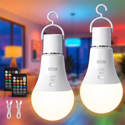 TaoFiaCo E27 RGB Ampoule Rechargeable avec Telecommande - Batterie Ampoule sans Electricite RGB Dimmable USB 7W Contrôle des Boutons Lot de 2