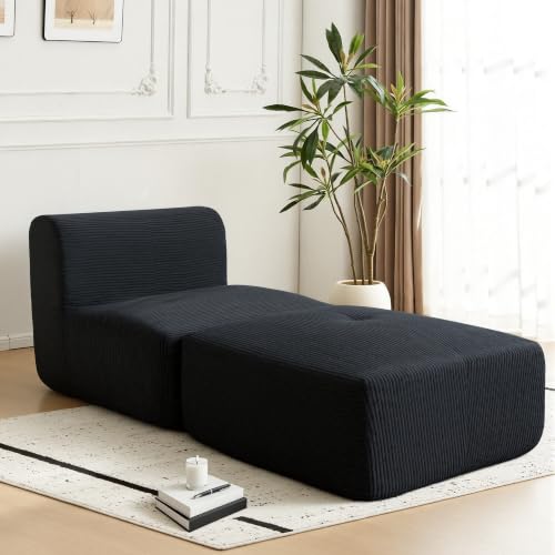 Image of Armless Chair with Ottoman, Modern Corduroy Convertible Cloud Couch