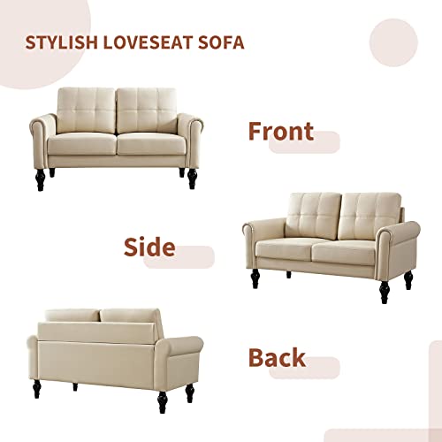 Husbedom 60.6 Inches Loveseat Sofa, Air Leather Small Couches For Small Spaces, Comfy Couch For Living Room, Bedroom, Apartment, Studio, Beige #TOP5