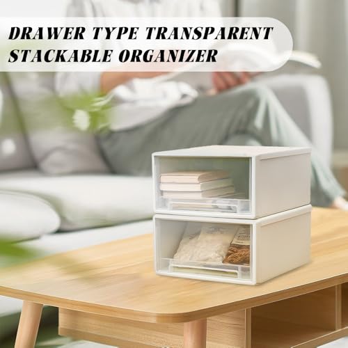 quiodok 2 Stück Schubladenbox Kunststoff Weiß Stapelbar Schreibtisch Schubladenbox aus Kunststoff Geeignet Schreibtisch Organizer Mit Schubladen für Wohnzimmer, Schlafzimmer, Büro