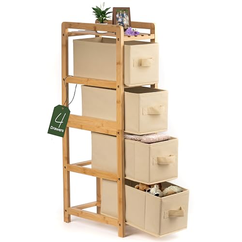 HH DESIGNS Wooden Narrow Dresser- Skinny with 4 Fabric Drawers- Slim for Small Spaces- Vertical Bamboo Storage- Skinny for Bedroom, Living Room, Laundry Room