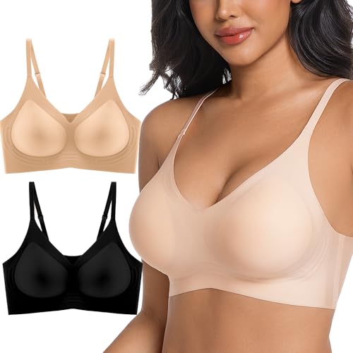 Image of PRETTYWELL Comfortable Bras, Seamless Wire Free Everyday Bras for A to D Cups, V Neck Soft and Light Basic Bras for Women