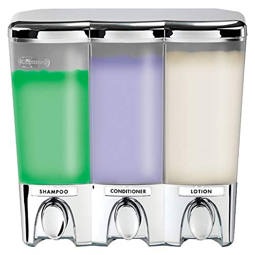 Better Living Clear Choice Shower Dispenser 3 Chamber, Wall Mount Shower Soap Pump Dispenser for Bathroom Hotel Body Wash, No Drill Adhesive, Waterproof Dispenser, 3 x 14.2 oz, Chrome - Thumbnail 3