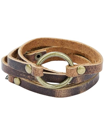 SPUNKYsoul 5 Wrap Leather Circle Bracelet - Adjustable Boho-Inspired Leather Bracelet for Women, Unique Distressed Jewelry with Symbolic Circle, Ideal for Everyday Wear & Gifting (Women's Brown)