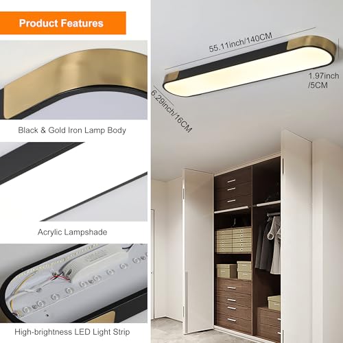 Qcyuui 4.59FT LED Flush Mount Kitchen Light Fixtures 65W Dimmable Flush Mount Ceiling Light Fixture Black and Gold Led Ceiling Light Linear LED Ceiling Lamp for Laundry Shop Garage Office by Qcyuui - Used condition - Image 3