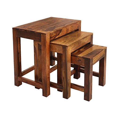 Solid Sheesham Wood Nesting Table Set of 3 Stools Bedside Table S...
