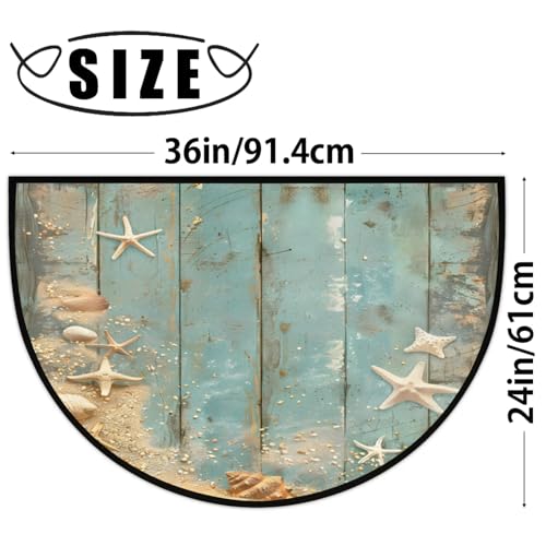 Image of Half Round Doormat Wooden Background Starfish Shells Non Slip Half Circle Area Rugs Indoor Washable Half Moon Rug Semi Circle Bathroom Runner Mat Entrance Floor Carpet for Kithen Bedroom Fireplace