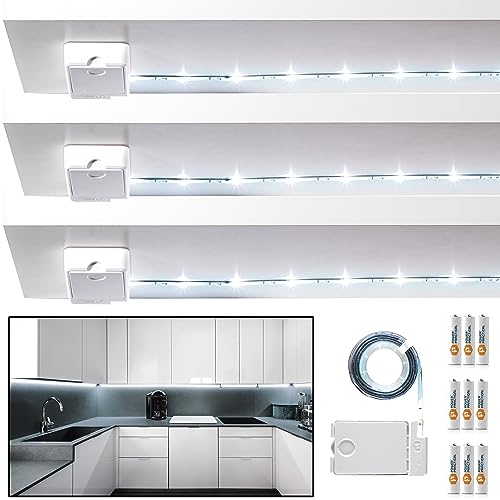 POWER PRACTICAL Luminoodle Under Cabinet Lighting - Click LED Light Strip for Shelves, Kitchen Cabinets, & Furniture, 3-Pack Includes Power Button & Tape Adhesive - Daylight White (5000K)
