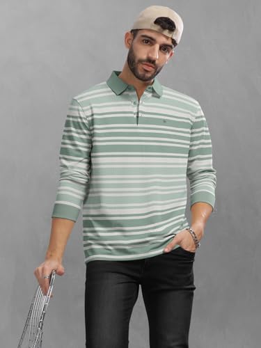 Image of BULLMER Striped Textured Printed Polo Neck Fullsleeve T-Shirt with Rib for Men