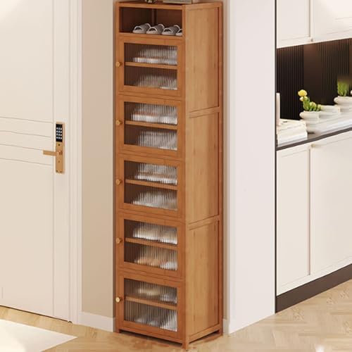 Slim Bamboo Shoe Cabinet – 98cm Tall, Space-Saving Cupboard with Door for Hallway & Entryway – Stylish Narrow Shoe Rack for Small Spaces, Veal Free Standing Storage Solution
