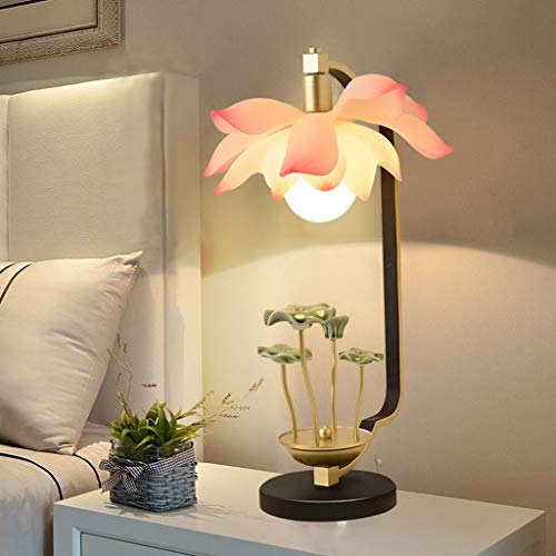 Zxb-Shop Office Room Desk Lamp Chinese Style Table Lamp Living Room Bedroom Bedside Lamp Pink Lotus Flower Lamp Ceramic Lotus Leaf Combination Base Buddha Lotus Light Bedside Table Lamp #TOP5