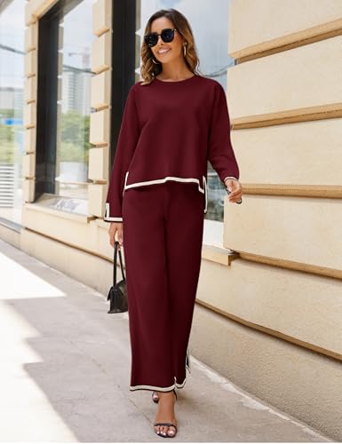 Image of Tanming Women's 2 Piece Outfits Long Sleeve Knit Sweater Top Wide Leg Pants Lounge Sets Tracksuits