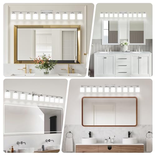 Image of Brushed Nickel Bathroom Sink Lighting Fixtures for Giant Mirror, Anti-Rust Finish 65 inch 10 Light Bathroom Vanity Light Fixtures Modern with Milky White Frosted Glass