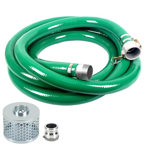 REEPLAR 2 in x 20 ft Green PVC Suction Hose, With 1 Male aluminum cam lock fitting, Suction Strainer, for water/trash pump