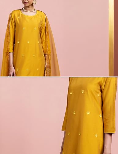 Image of Amazon Brand - Myx Women's Straight Embroidered Farsi Kurta Set with Organza Dupatta | Dhoti Pants (Available in Plus Sizes)