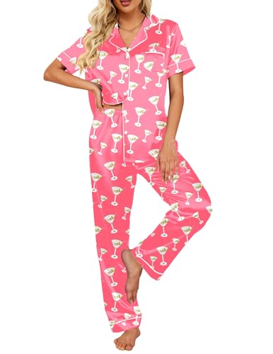 Image of Ekouaer Silk Satin Pajamas Set Women Short Sleeve Sleepwear Soft Button Down Loungewear Pjs Set
