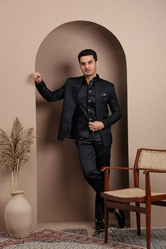 Image of Men's Black Indo-Western 3-Piece Set - Blazer with Inner and Matching Trouser | Festive & Wedding Ethnic Wear | Regular Fit