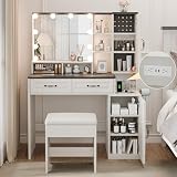 MU Makeup Vanity Desk with Mirror and Lights, White Vanity Table Set with Charging Station, Glass Top Vanity with 2 Drawers, 2 Cabinets and Multi-Shelf, 3 Lighting Modes Large Mirror