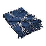 Creative Co-Op Recycled Cotton Blend Throw Blanket with Fringe, Blue Plaid