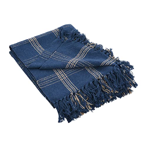 Image of Creative Co-Op Recycled Cotton Blend Throw Blanket with Fringe, Blue Plaid