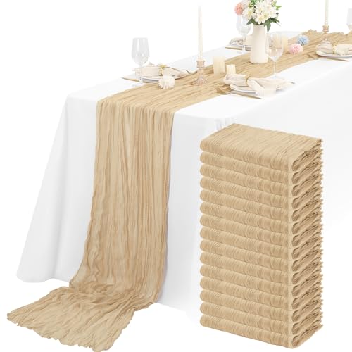15 Packs Cheesecloth Table Runner Beige Semi-Sheer Table Runner 55x400cm, Light Brown Rustic Gauze Boho Table Runner
