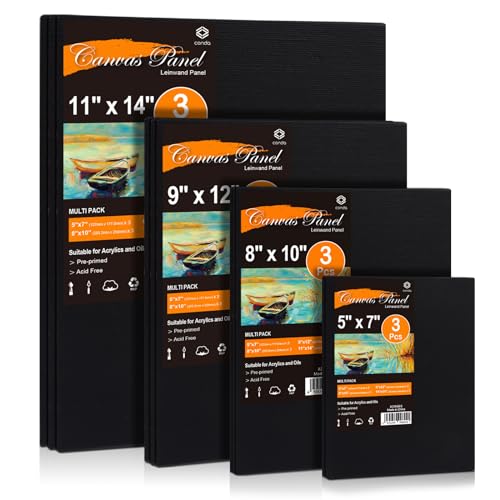Conda Black Canvas Panels Multi Size Pack - Acid-Free Primed Surface for Oil Acrylic Watercolor Painting (11x14 9x12 8x10 5x7, 12-Pack)