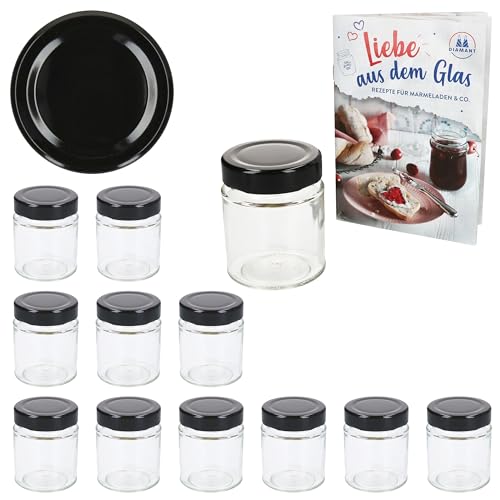 MamboCat Lot de 12 bocaux à confiture de 161 ml avec couvercle à visser noir I bocaux à bord haut + couvercles Deep to 58 avec recette de sucre diamant I Bocaux de conservation