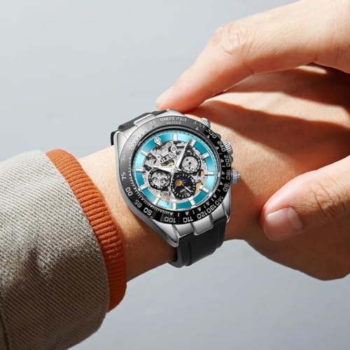 Image of OPK Men Analog Automatic Watches Waterproof Multifunction Chronograph Diamond Moon Phase Luminous Stainless Steel Band Wrist Watches
