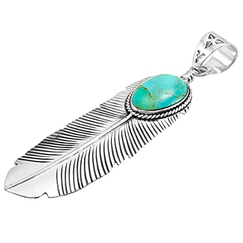 Turquoise Feather Pendant Necklace in Sterling Silver 925 & Genuine Gemstones (20" Length)2