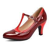 LarDorLin Femme Vintage Mary Jane Salomés High Chaussures Bout Fermé Bridal Elegant Cuir Verni Pumps Soirée Chaussures Habillées Vin Rouge Taille 38 EU (39 CN)
