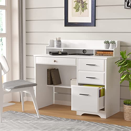 White Desk With Drawers And Storage, Home Office Desk Computer Desk With 4 Drawers & Hutch, Home Desk Small White Desk With Drawers For Bedroom, Home Office, White #TOP1