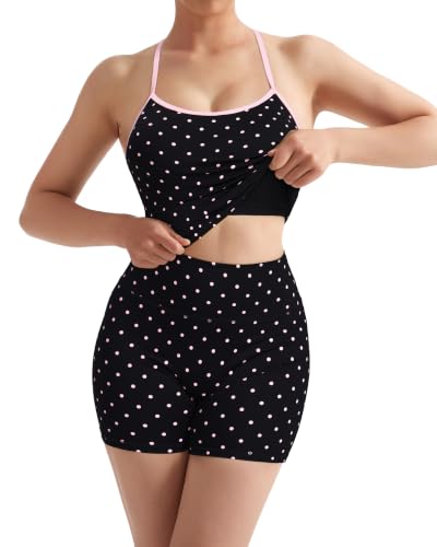 Image of SUUKSESS Women 2 Piece Workout Sets High Waisted Tummy Control Biker Shorts Halter Padded Tank Tops