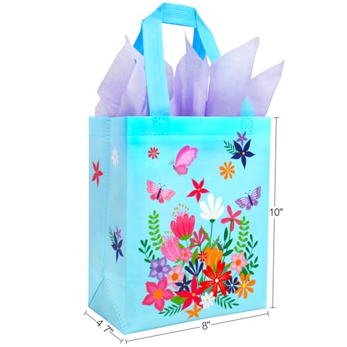 SUNCOLOR Mother\'s Day Gift Bags with Tissue Paper, Floral Design Non-Woven Material, 10x8x4.7 Inches, Pink and Blue, 2 Pack