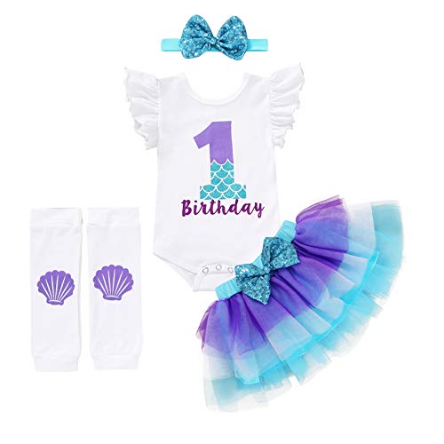 Baby Girls 1st Birthday Mermaid Outfit Romper Headband Leggings Tutu Dress Sequin Bowknot Princess Skirt Sets (6-12 Months, White # Birthday)