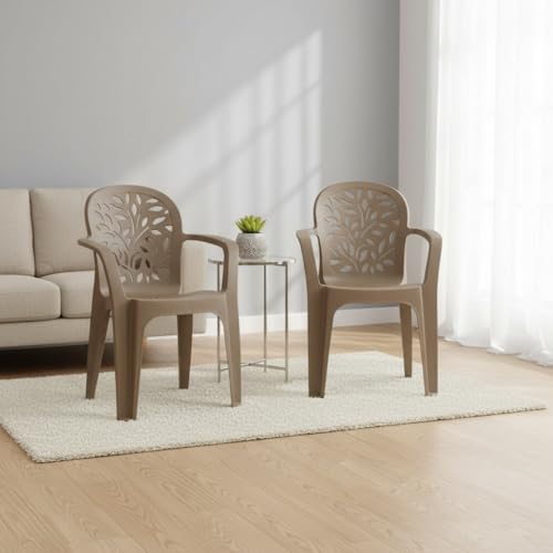 HomiQ Supreme Craft Plastic Chair | Arm Chair for Living Room, Home, Garden Indoor/Outdoor use(Colour: Dark Beige, Set of 2)