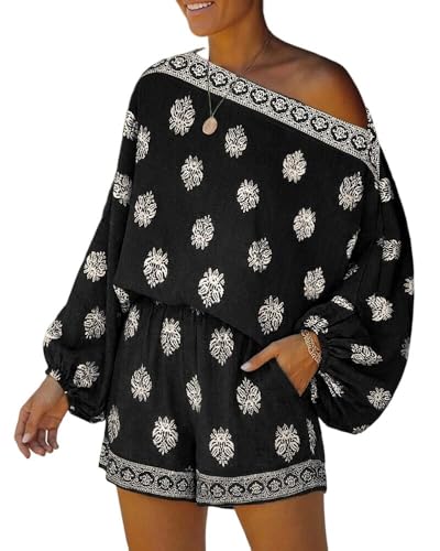 CHICME Women's 2 Piece Lantern Sleeve Linen Beach Summer Set - Black, Medium