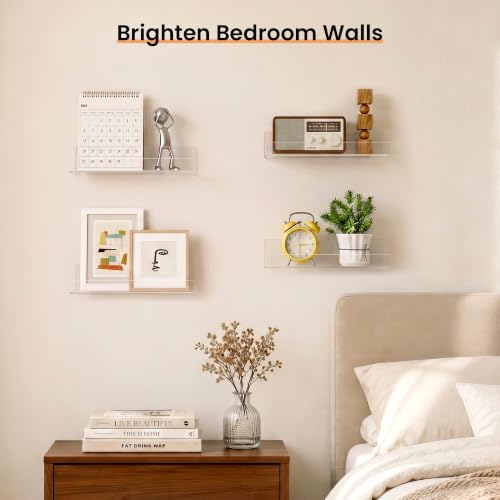 Image of upsimples 9 inch Acrylic Shelves, Small Shelf for Wall Decor and Display, 4 Pcs | Small Floating Shelf for Plants, Speaker, Toys, Invisible Wall Display for Bathroom, Bedroom, Living Room, Room Decor