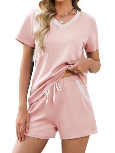 Image of Famulily Womens Tracksuit Sets Summer 2 Piece Outfits Causal Oversized Loose T-Shirt & Shorts, and Sweatpants Jogger Plain Loungewear (Pink,M)