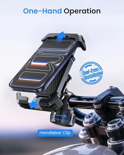 Image of Carlizem Bike Phone Holder Mount for Motorcycle, Scooty & Cycle Handlebar | 360 Rotation Mobile Holder with Shock Absorption, Secure Switch Lock & Cushion Pads | Compatible with All Smartphones