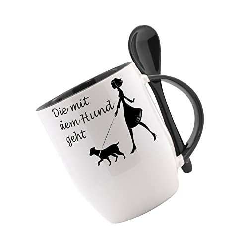 Tasse m. Löffel " Die mit dem Hund geht " Löffeltasse, Kaffeetasse mit Motiv,Bürotasse, bedruckte Tasse mit Sprüchen oder Bildern - auch individuelle Gestaltung nach Kundenwunsch