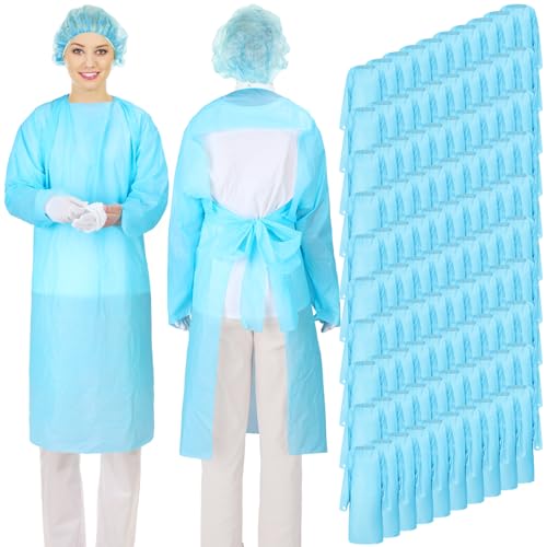 TrelaCo 100 Pack Disposable Isolation Gowns PPE Gown Set with Sleeves,Blue