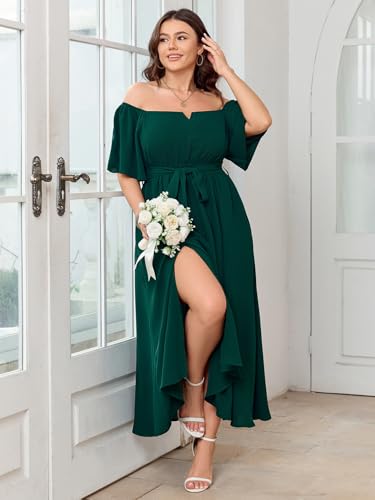 Image of SCOMCHIC Womens Plus Size Formal Dresses Off The Shoulder Wedding Guest Cocktail A-Line Split Maxi Dress with Pockets