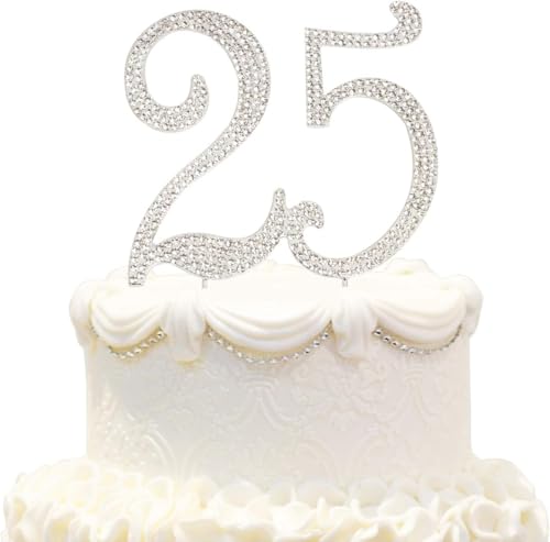 Hatcher lee Bling Crystal Rhinestone 25 Birthday Cake Topper - Best Keepsake | 25th Party Decorations Silver
