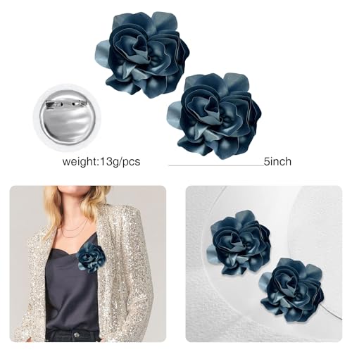 Image of 2Pcs 5in Dainty Satin Fabric Flower Brooch Extra Large Rose Camellia Flower Brooches Lapel Pins for Women Wedding Party Dance Banquet Clothes Jewelry Accessories