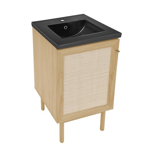 Image of Swiss Madison Classe 18 inch Freestanding Bathroom Vanity in Natural Oak with Black Sink Top