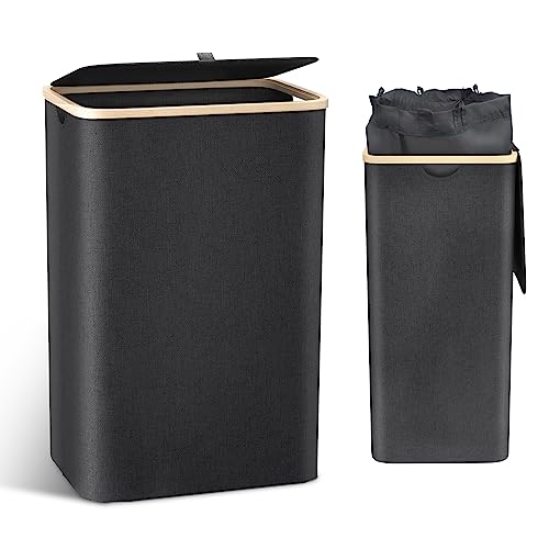 Cesto de Ropa Sucia con Tapa 100L - Cesto de Ropa Plegable con Asa de Bambú y Bolsillo Extraíble, Cubo Ropa Sucia para Dormitorio, Baño y Lavandería, Negro
